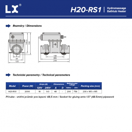 LX Topení do vířivky s termoregulací H20-RS1, 2kW - Připojení 48 mm