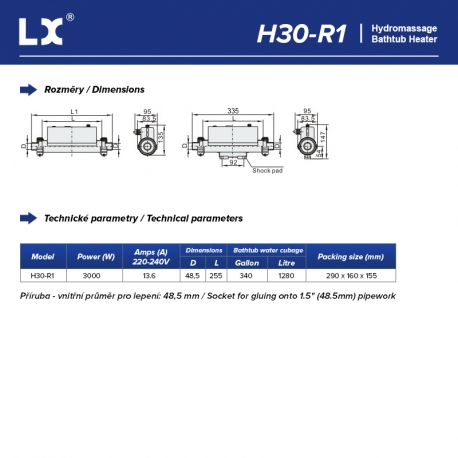 LX Topení do vířivky H30-R1, 3kW - Připojení 48,5 mm