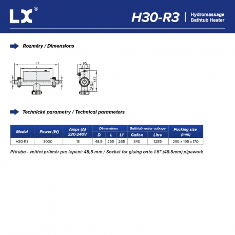 LX Topení do vířivky H30-R3, 3kW - průměr napojení 48,5 mm (T-Shape)